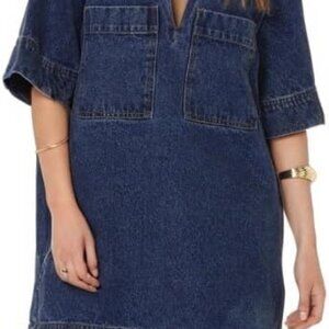 Women Denim Dress Casual Mini V Neck Short Sleeve Pockets Summer Wear